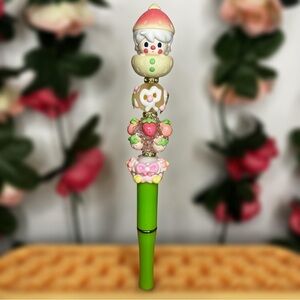 Sweet Bean Strawberry Upcycled Popbean Kawaii Handmade Beaded Pen